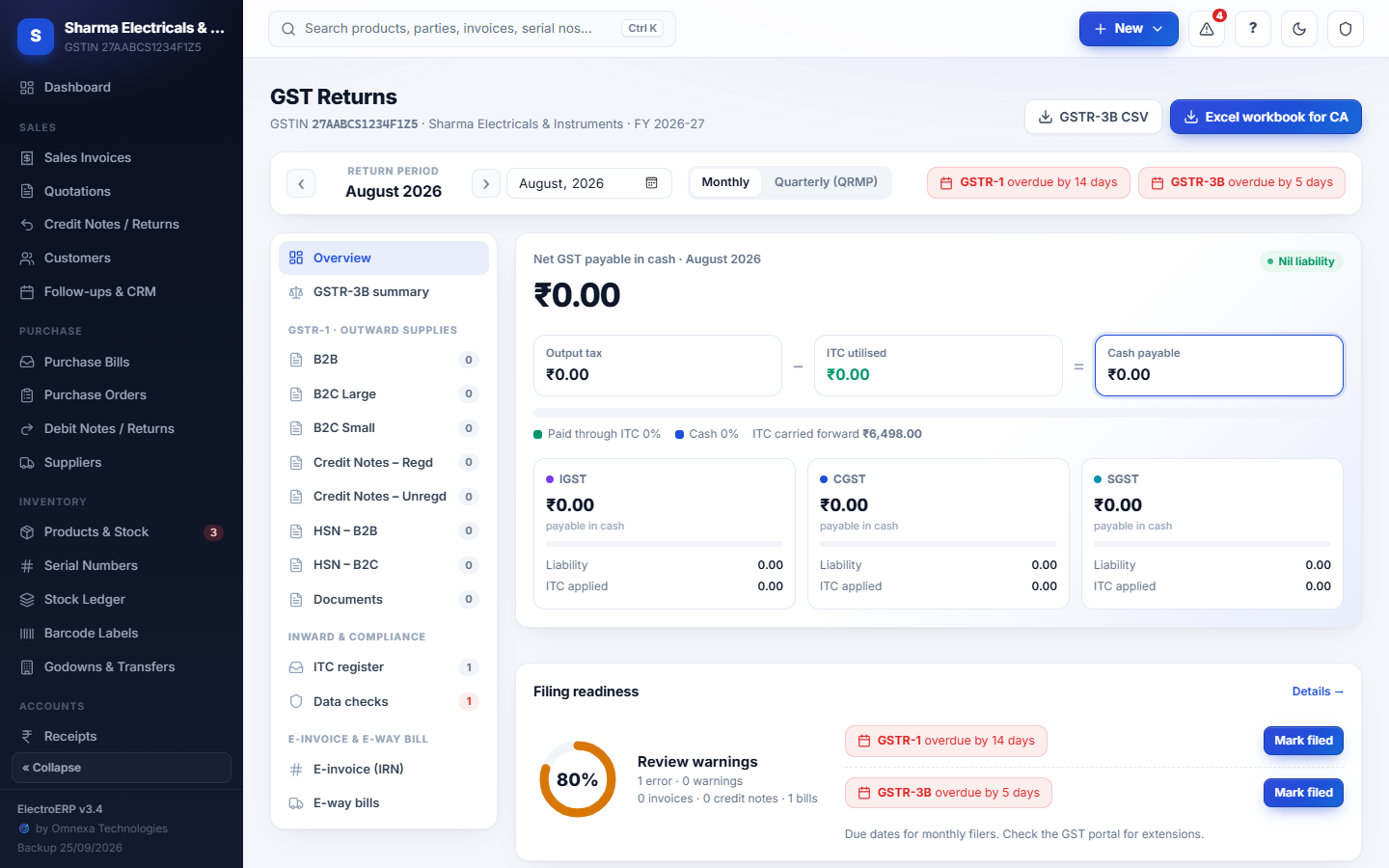 GST returns summary in ElectroERP