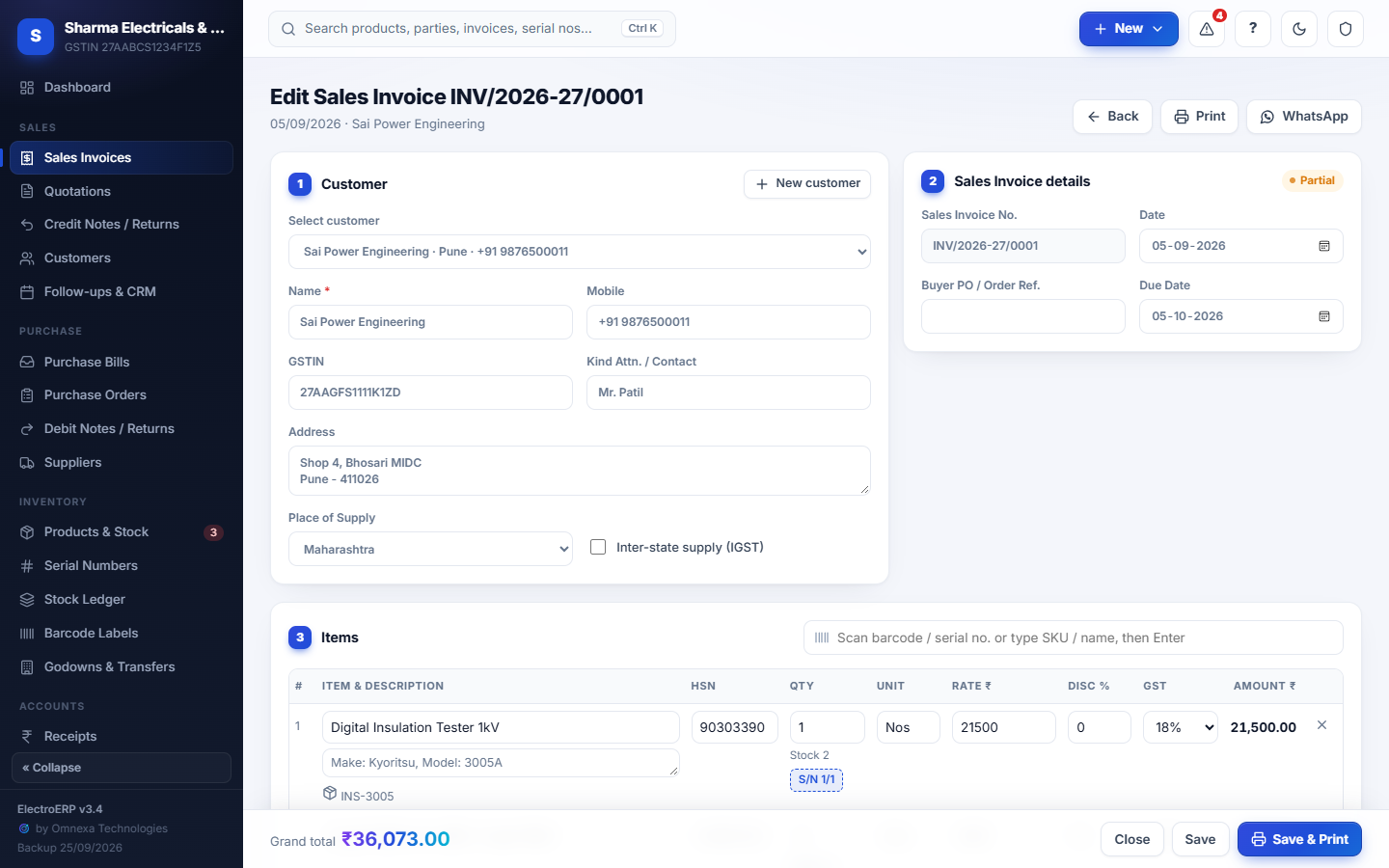 Creating a GST invoice in ElectroERP