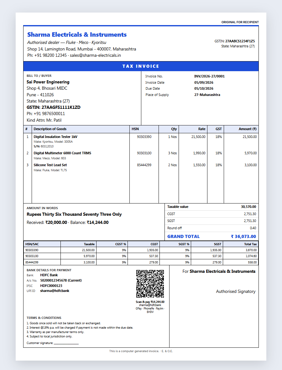 Printed GST tax invoice from ElectroERP